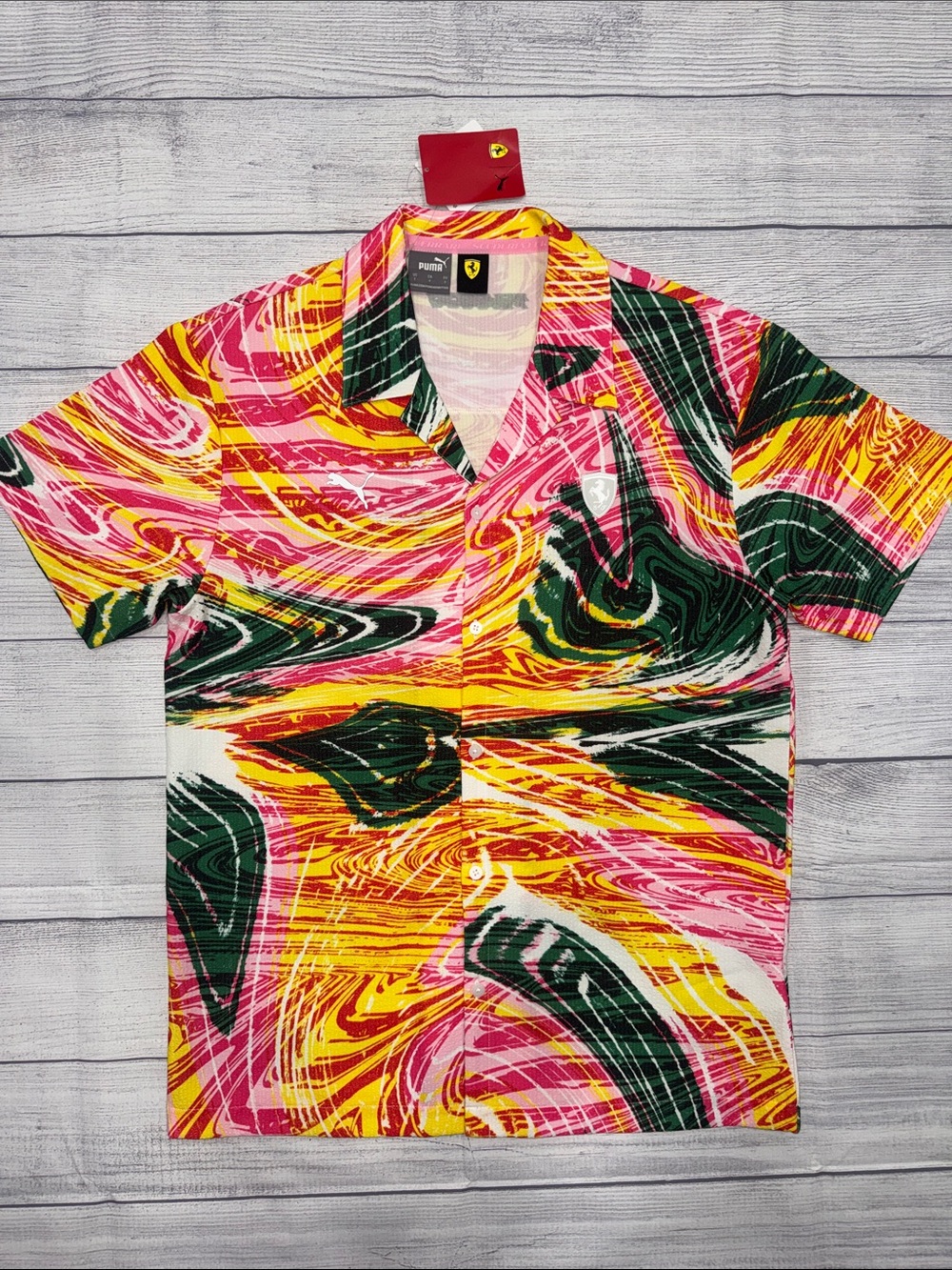 Puma x Ferrari Men's Pink, Yellow & Green Short-Sleeve Button-Down Shirt